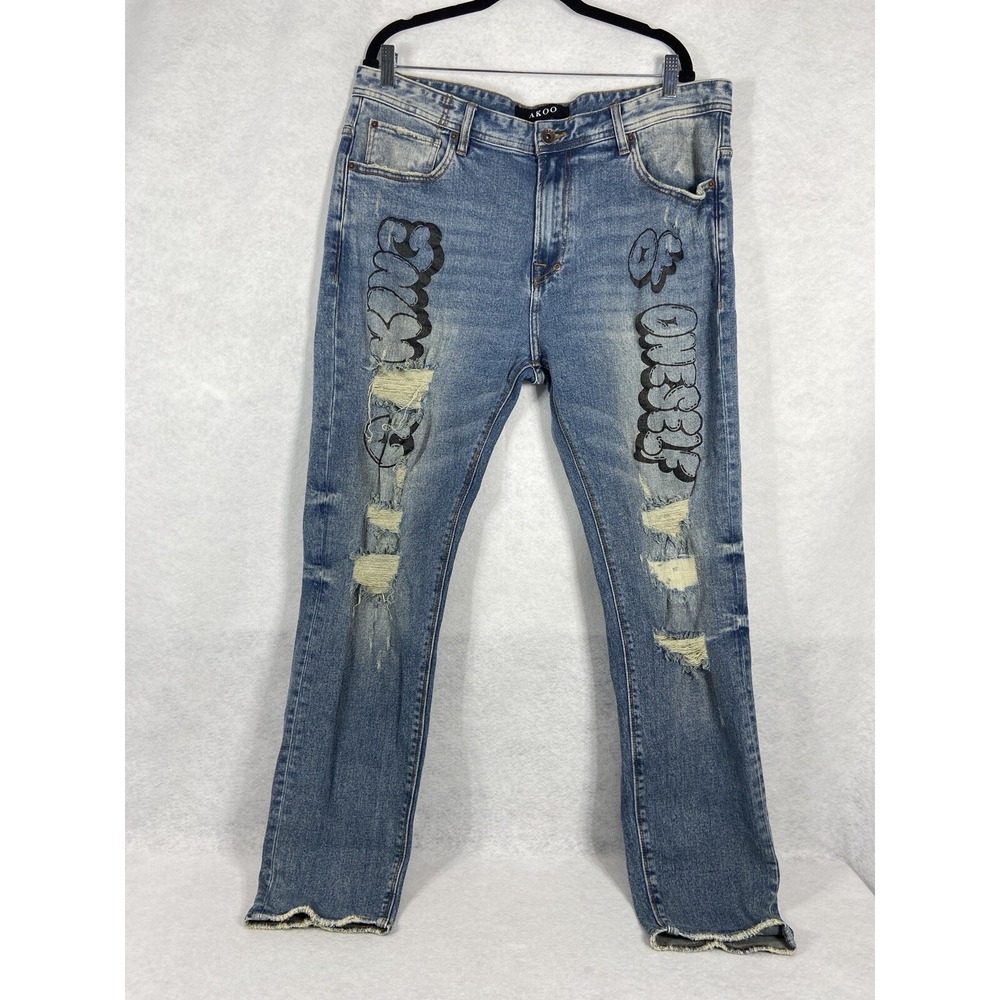 Akoo Jeans Mens 40x32 Blue Skinny Mid Rise Distressed Graphic Y2K